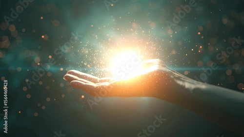 A glowing orb of light with radiating particles hovers above an outstretched hand, symbolizing creation, innovation, or a divine connection.
