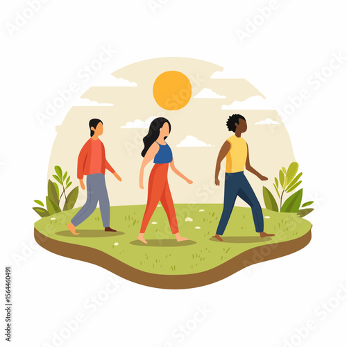 Stylized landscape with humans walking barefoot on grass, practicing mindfulness and connecting with nature