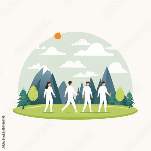 Stylized landscape with humans walking barefoot on grass, practicing mindfulness and connecting with nature