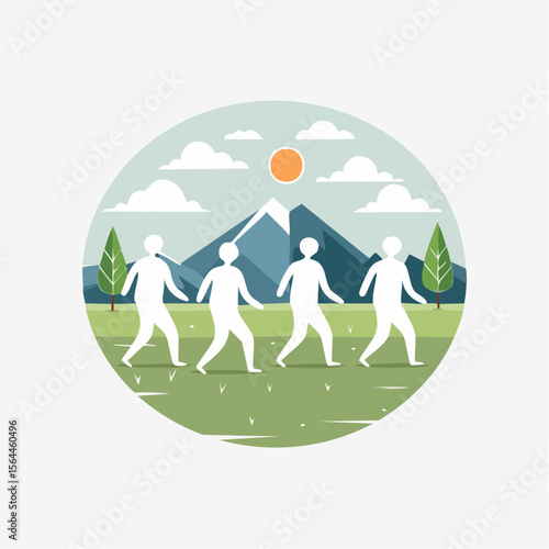 Stylized landscape with humans walking barefoot on grass, practicing mindfulness and connecting with nature