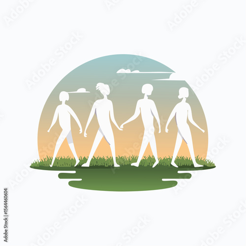 Stylized landscape with humans walking barefoot on grass, practicing mindfulness and connecting with nature
