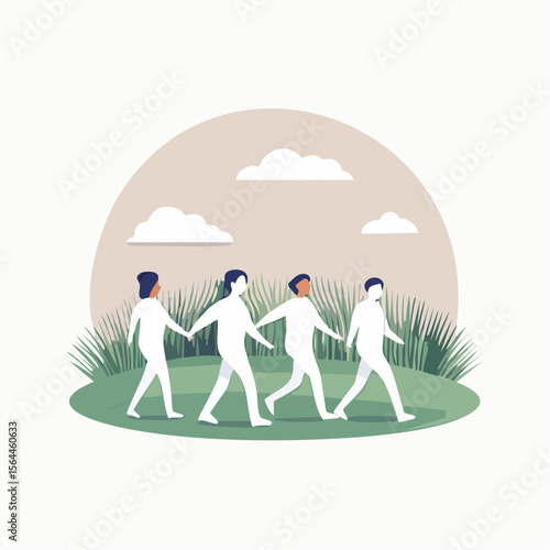 Stylized landscape with humans walking barefoot on grass, practicing mindfulness and connecting with nature