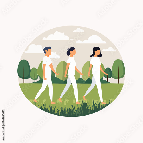 Stylized landscape with humans walking barefoot on grass, practicing mindfulness and connecting with nature