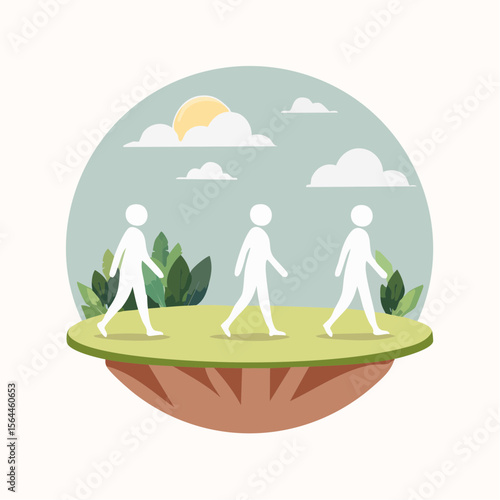 Stylized landscape with humans walking barefoot on grass, practicing mindfulness and connecting with nature