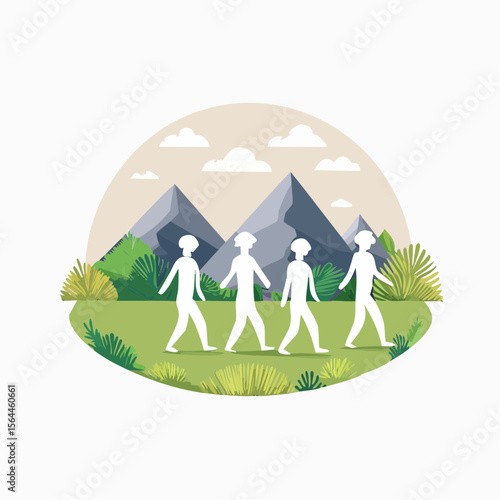 Stylized landscape with humans walking barefoot on grass, practicing mindfulness and connecting with nature