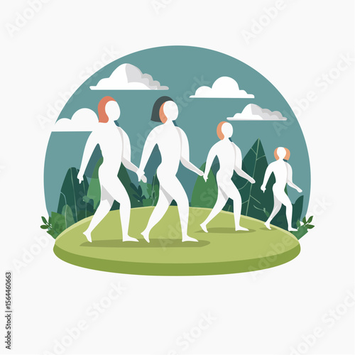 Stylized landscape with humans walking barefoot on grass, practicing mindfulness and connecting with nature
