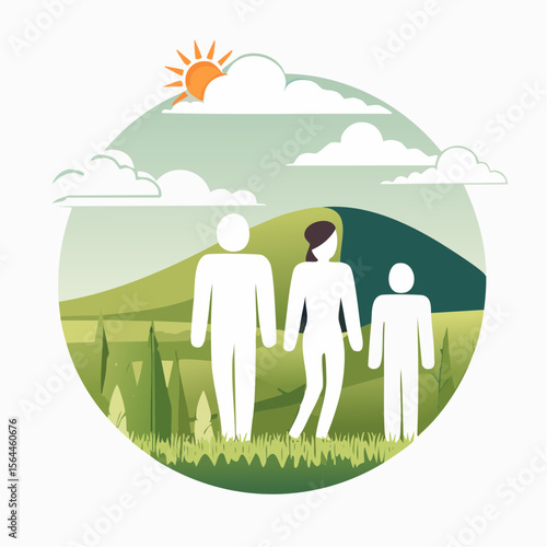 Stylized landscape with humans walking barefoot on grass, practicing mindfulness and connecting with nature