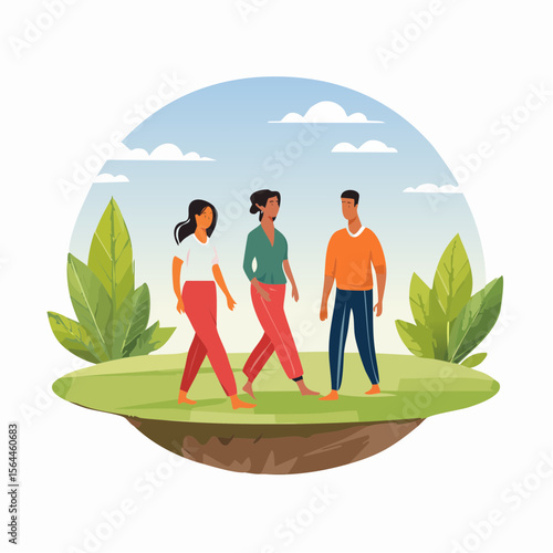 Stylized landscape with humans walking barefoot on grass, practicing mindfulness and connecting with nature