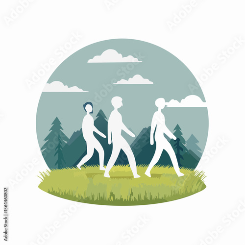 Stylized landscape with humans walking barefoot on grass, practicing mindfulness and connecting with nature