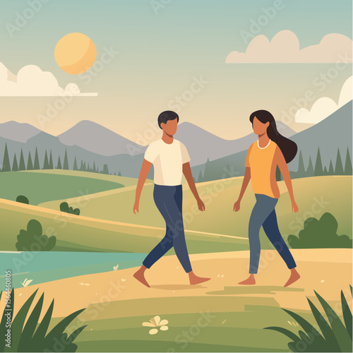 Stylized landscape with humans walking barefoot on grass, practicing mindfulness and connecting with nature