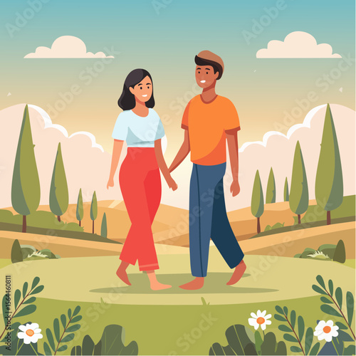 Stylized landscape with humans walking barefoot on grass, practicing mindfulness and connecting with nature