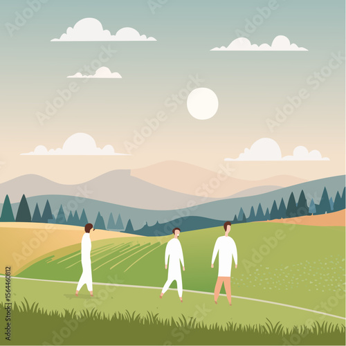 Stylized landscape with humans walking barefoot on grass, practicing mindfulness and connecting with nature