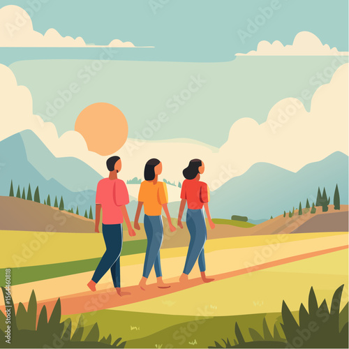 Stylized landscape with humans walking barefoot on grass, practicing mindfulness and connecting with nature