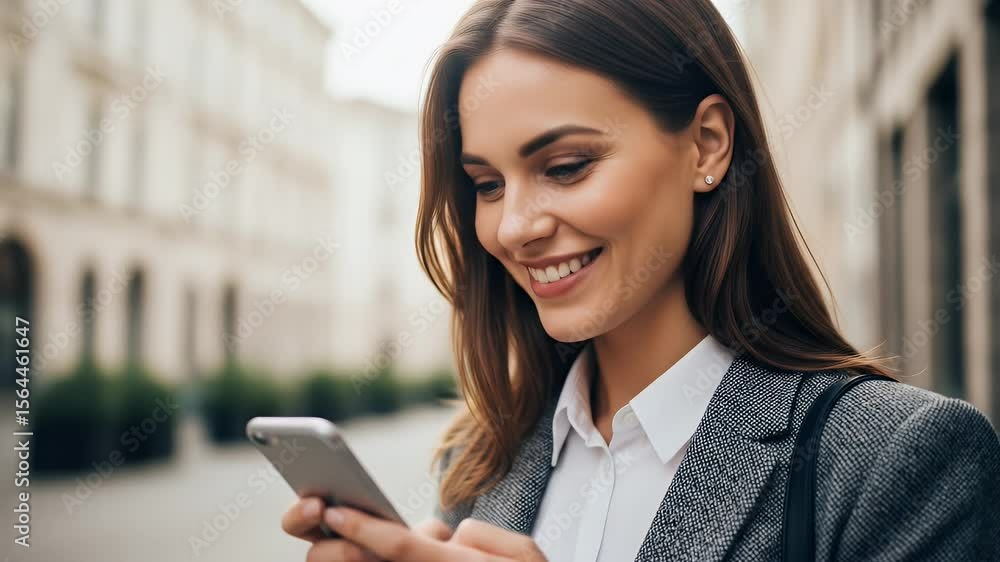 Woman using smartphone outdoors in city setting smiling daily activity modern lifestyle portrait Woman using smartphone outdoors in city setting smiling daily activity modern lifestyle portrait