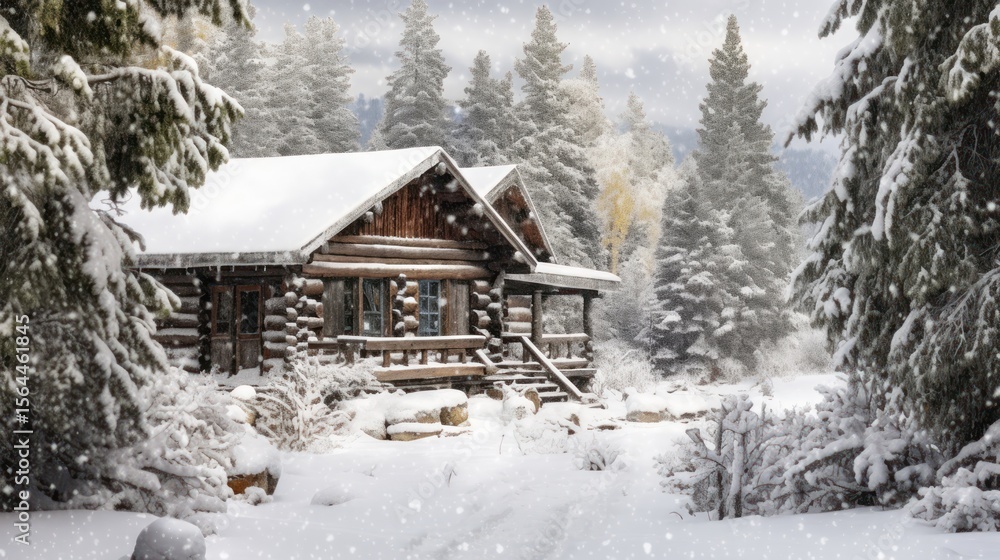 A cozy wooden house nestled in a snowy winter forest landscape A cozy wooden house nestled in a snowy winter forest landscape