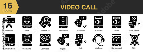 Video Call solid icon set. Includes online, computer, laptop, meeting, screen, call, and More. Solid icons vector collection.