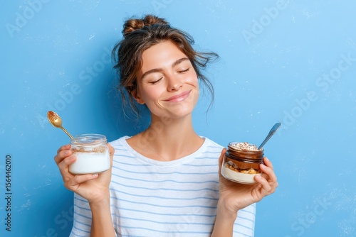 Young woman holding jars of yogurt and granola with a joyful expression against a blue background, embodying healthy eating and lifestyle choices.