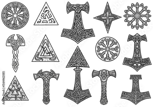 Collection of Norse Mythology Symbols and Weaponry Designs: Intricate Knotwork and Tribal Art