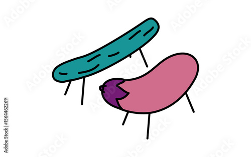 お盆に飾る精霊馬のシンプルな線画イラスト、夏のアイソメトリックイラスト