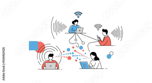 Diverse group of people collaboratively sharing information and ideas through digital devices in a connected network environment symbolizing teamwork and innovation