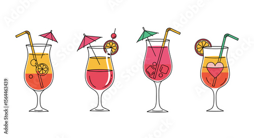Four Colorful Tropical Cocktails with Fruit Garnish and Little Umbrellas on a White Background Representing a Refreshing Summer Beverage Experience