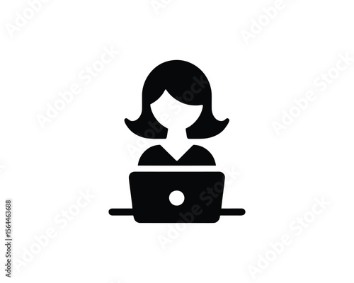 Woman working on laptop computer icon