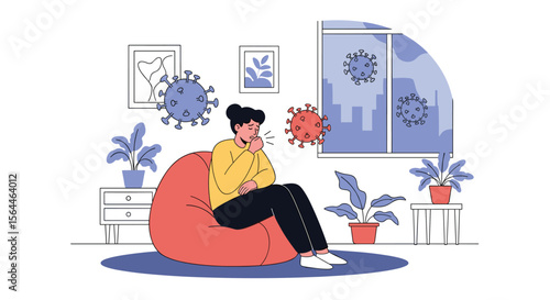 A person feeling sick and coughing surrounded by virus particles indoors with plants and city view
