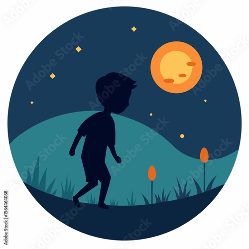 vector illustration boy chasing fireflies in field under glowing suns 