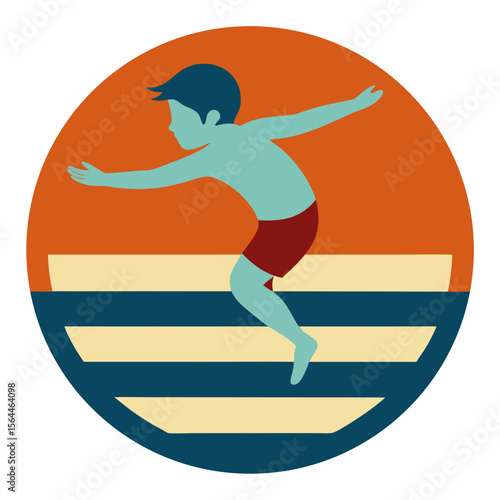 boy jumping into water under striped sunset vector illustration
