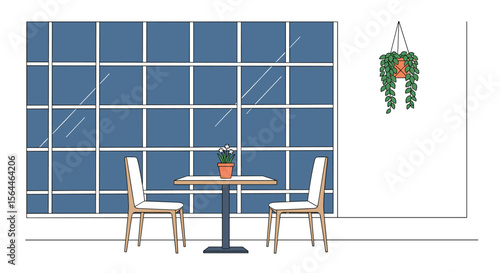 A cozy cafe interior with two chairs and a table by a large window offering a pleasant view of the outdoors