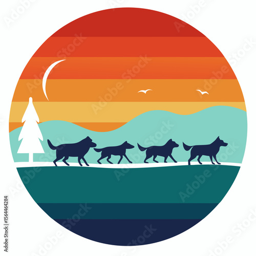 dog sled team crossing snow with cool toned retro vector illustration