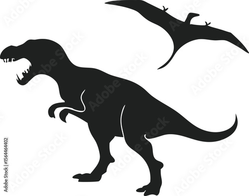  silhouette of a tyrannosaurus rex and a pterodactyl flying against a white background