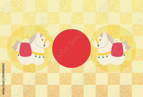 馬の土鈴と和柄背景の2026年賀状イラスト