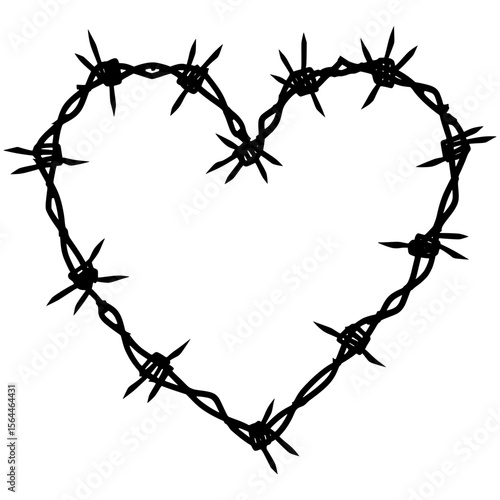 Barbed wire heart symbolizing love and pain, Illustration of a heart shape made from barbed wire, representing difficult love, heartbreak, emotional pain, or protection in relationships.

