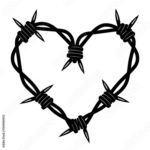 Barbed wire heart symbolizing love and pain, Illustration of a heart shape made from barbed wire, representing difficult love, heartbreak, emotional pain, or protection in relationships.

