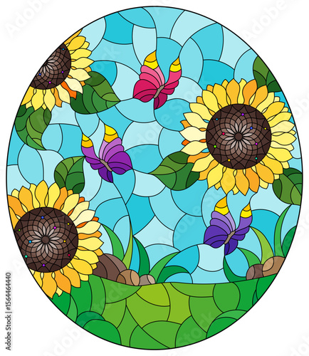 A stained glass illustration with bright sunflowers and butterflies on a meadow and sky background