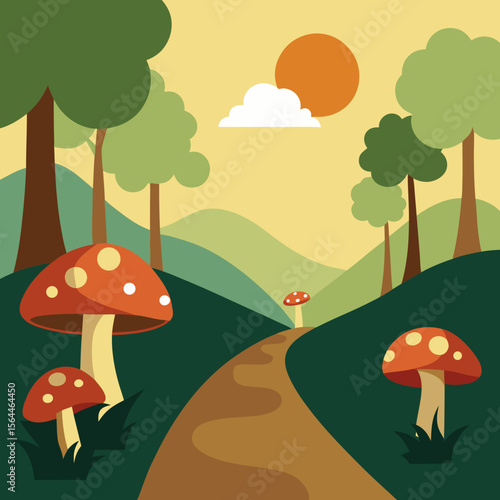 vector illustration forest trail with mushrooms and moss under soft