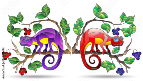 An illustration in the style of a stained glass window with bright chameleons, bright animals isolated on a white background