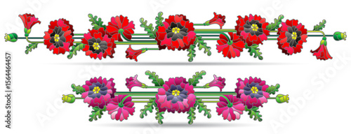Set of stained glass illustrations with poppy flowers, flowers isolated on a white background