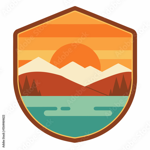 vector illustration hot springs in valley under retro layered sunset