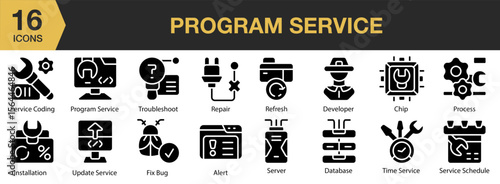 Program Service solid icon set. Includes system, platform, digital, technology, management, development, and More. Solid icons vector collection.