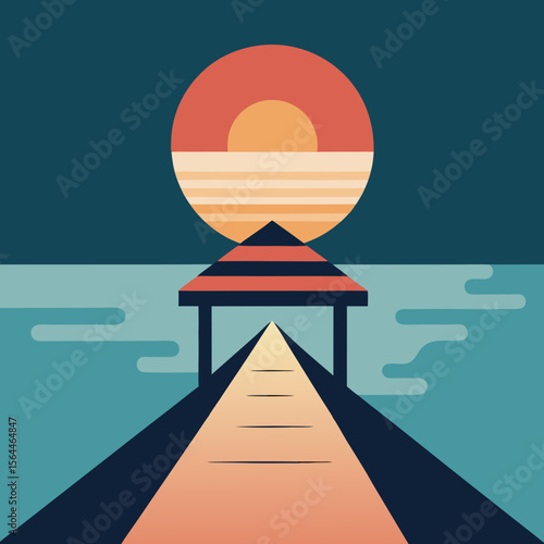 vector illustration  minimalist pier going into lake with retro gradie