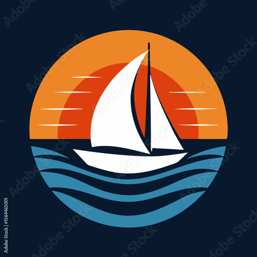 vector illustration sailboat in stormy sea with dramatic retro sun 
