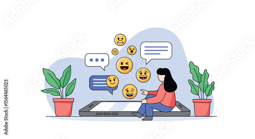 Creative illustration of person interacting with mobile device sending emojis and messages to friends discussing digital communication and social media platforms