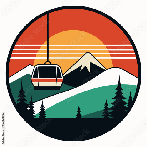 vector illustration ski lift on snowy mountain with vintage sunset
