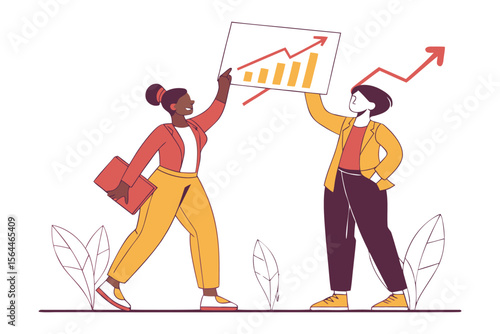 Two diverse professionals celebrate upward trending business growth by presenting a successful financial performance chart with a positive arrow