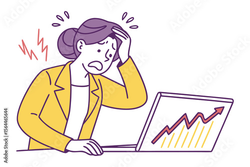 Stressed businesswoman clutches head while looking at a laptop displaying a declining stock market graph with red lightning bolts indicating trouble