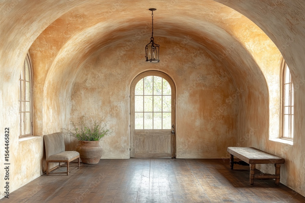 Fototapeta premium Stucco walls and an arched ceiling in a hallway. Interior design of a rustic entrance hall with a door in a country house, Generative AI