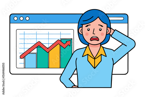 Confused woman reacts to financial data showing a downturn despite an upward trend line on a digital graph