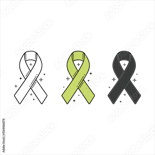 Three awareness ribbons in black green and outline with sparkling stars Art & Illustration